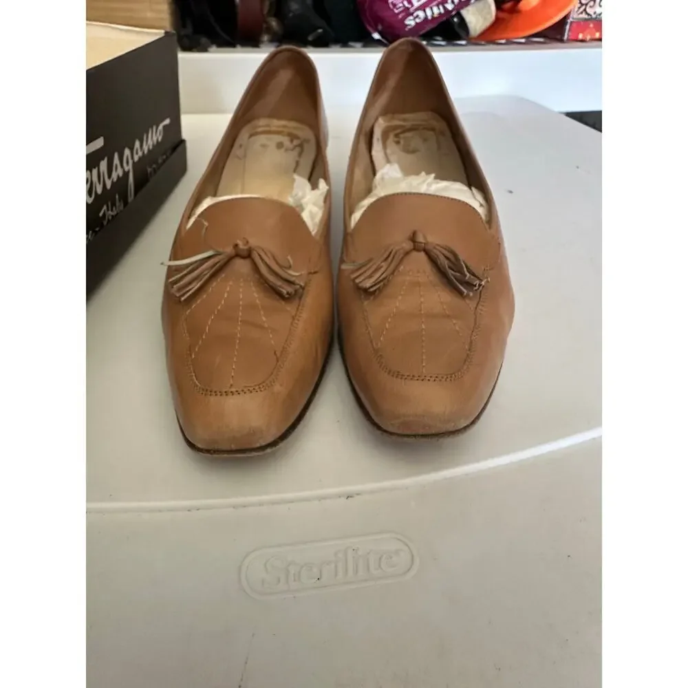 Vintage Salvatore Ferragamo Brown Leather Slip On Pump Heels loafers Size 8